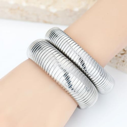 Gold Chunky Stretch Snake Chain Bangle Bracelets Stack for Women Trendy, 18K Gold Filled Stainless Steel Stretchy Womens Stackable Wristband Bangles Bracelet Set - style: SILVER 16MM&20MM