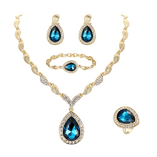 Womens Africa 18k Gold Plated Jewelry Set Crystal Rhinestones Petals Teardrop Cluster Bib Statement Necklace Link Bracelet Dangle Earrings Ring for Prom - color: 03-Blue Topaz Gold-Plated-Base
