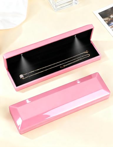 Hatori Long Chain Necklace Jewelry Gift Box with LED Light, Bracelet Storage Case, Jewellry Display Box for Wedding, Engagement, Proposal, Birthday, Anniversary - color: Pink