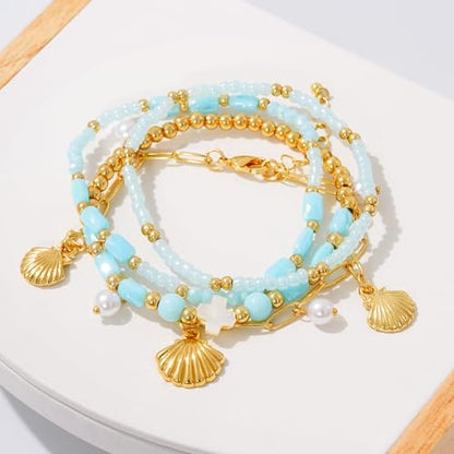 LALAPPLE Shell Bracelet Boho Beaded Stretch Bracelets for Women Seashell Strand Bracelets Starfish Charm Jewelry Summer Beach Jewelry Stackable Crystal Gold Plated Beads Bracelet for Women - style: T-Style1
