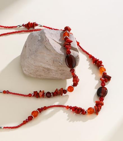 Noessla Boho Long Beaded Necklaces for Women Double Layer Chunky Irregular Stone Beads Strand Statement Jewelry Mothers Day Gifts - color: Red