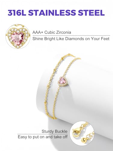 Richsteel Double Layer Heart/Butterfly Birthstone Anklet for Women | Non Tarnish Waterproof, Silver/Gold/Black Stainless Steel 8.5-10.5 Inch Adjustable Chain Anklets Summer Beach Foot Jewelry - color: Gold Heart-10 Oct.(Pink Tourmaline)