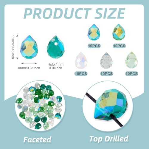 Beadthoven 50pcs Green Teardrop Glass Beads Faceted Crystal Beads for Jewelry Making Suncatcher Prism Hanging Pendants Top Drilled Water Drop Briolette Spacers for DIY Necklace Bracelet Earring Crafts - color: Green