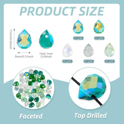 50Pcs Green Faceted Glass Teardrop Beads Electroplate Transparent Crystal Teardrop Charm Beads Top Drilled Drop Spacer Bead Water Drop Chandelier Charms for Earring Necklace Jewelry Making - color: Green