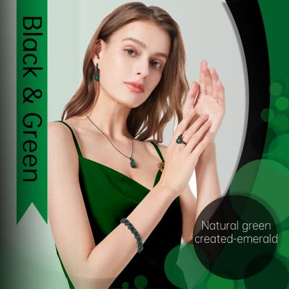 GZWHD Jewelry Set for Women Water Drop Cubic Zirconia Artificial Crystal Earrings Pendant Necklace Open Ring Tennis Bracelet Wedding Anniversary Birthday Engagement Gift for Bridesmaid Wife Girlfriend Friend - color: Black Gun-Green