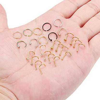 Ruifan 20G 18G Surgical Steel 1.5mm-3mm Flat Ball Clear Diamond CZ Nose Stud Rings Screw Piercing Jewelry 16-26PCS - color: 20G: 26PCS - Gold