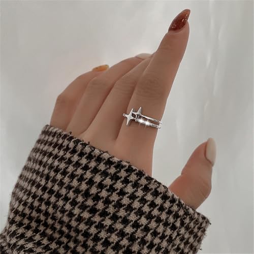 Dainty Twin Star Adjustable Open Wrap Ring for Women Silver Plated Stacking Statement Crystal Celestial Finger Rings Layered Comfort Fit Fashion Birthday Holiday Jewelry Gift