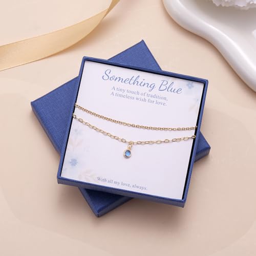 MIXJOY Something Blue Gift for Bride - Gold Double-Layer Wrist Chain Anklet with Blue CZ, Minimalist Round Gem Anklet for Bridal Shower, Bachelorette Party, Summer Beach Engagement Jewelry for Brides