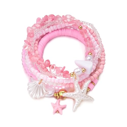 Boho Stackable Beaded Bracelet Set, Pink, Starfish Shell Pearl Charms, Elastic Handmade Layered Stretch Bracelets, Summer Beach Holiday Jewelry for Women - color: Pink A