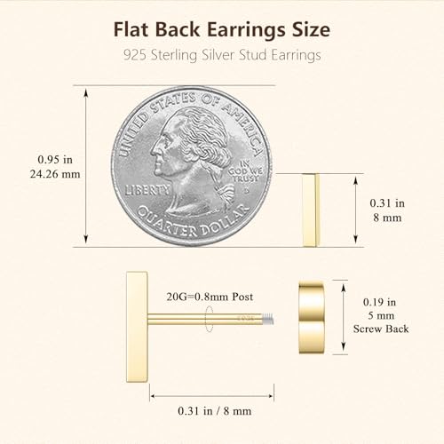 JIAYIQI Minimalist 925 Sterling Silver Stud Earrings Set, 14K Gold Plated Hypoallergenic Tiny Bar Dot Heart Star Studs for Women & Men - style: Gold-Bar-Flatback-1 Pair