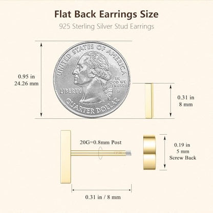 JIAYIQI Minimalist 925 Sterling Silver Stud Earrings Set, 14K Gold Plated Hypoallergenic Tiny Bar Dot Heart Star Studs for Women & Men - style: Gold-Bar-Flatback-1 Pair