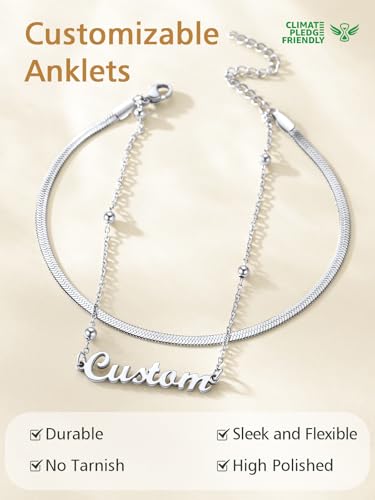FindChic Custom Ankle Bracelets for Women, Stainless Steel Figaro/Cuban/Wheat/Rope/Herringbone Chain Anklets, Beach Foot Jewelry 8.5''-10.5'' Adjustable & Waterproof, with Gift Box - style: Herringbone Chain-Silver