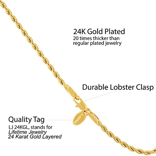 LIFETIME JEWELRY Womens Gold Anklet 3mm Rope Chain Ankle Bracelet 24k Real Gold Plated - color: Gold