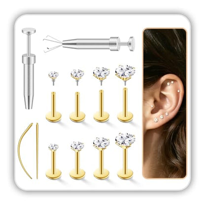 4 Pairs 16G 18G Flat Back Stud Earrings, Hypoallergenic Surgical Steel Set | CZ 2-5mm, internal thread design for nose and tragus piercings use, includes ball grabber tool for easy jewelry changes - color: 16G CZ 2/3/4/5mm Gold
