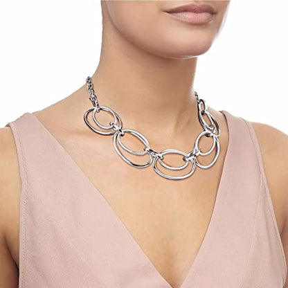 Gold Chunky Necklace for Women: Double Oval Link Statement Choker Necklace | 14k Gold Plated Loop Chain Trendy Fashion Jewelry for Daily Holiday Party - color: Silver