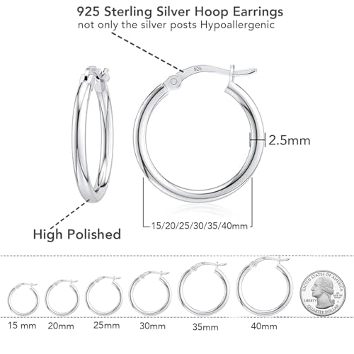 Charmsy 925 Sterling Silver Hoop Earrings | Lightweight Italian 2.5mm Tube Diamond-Cut Round Classic Hoops Earring for Women | Size 15/20/25/30/35/40/50/60/70mm | Small Medium Large - color: Classic, size: 15 MM