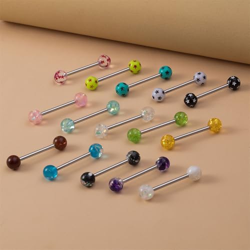 5Pcs Sequins Tongue Rings 14G Stainless Steel Barbell with Glitter Multi-Color Balls Straight Barbell Tongue Piercing Body Jewelry for Women