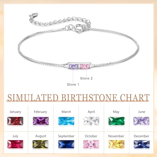 Sterling Silver Personalized 1-6 Birthstone Bracelet for Women Mothers Day Bracelet for Mom Daughter Custom Dainty Jewelry for Christmas Birthday Gift Ideas - style: Silver-2 stones