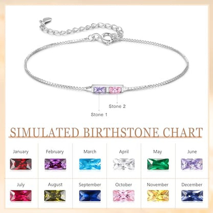 Sterling Silver Personalized 1-6 Birthstone Bracelet for Women Mothers Day Bracelet for Mom Daughter Custom Dainty Jewelry for Christmas Birthday Gift Ideas - style: Silver-2 stones