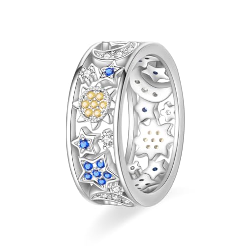 KUNSIR 925 Silver Cubic Zirconia Ring Size 7-9 Wedding Band Sterling Silver Eternity Ring Modern Style - style: Wide Band Star and Moon Ring