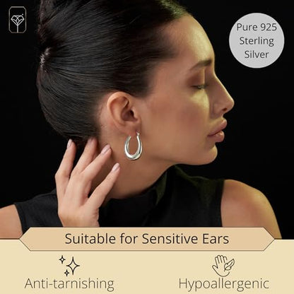 925 Sterling Silver Hypoallergenic Chunky Hoop Earrings for Women | Anti Tarnish Hoops in Various Styles by MAX + STONE - style: Oval Thick Hoops
