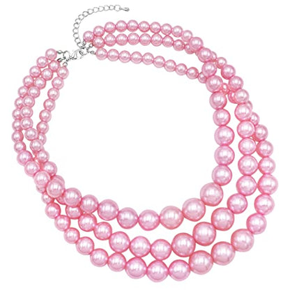Rosemarie & Jubalee Women's 3 Colorful Multi Strands Simulated Pearl Necklace And Earrings Jewelry Gift Set, 18"+3" Extender - color: Light Pink Silver Tone - Double Ball Earring