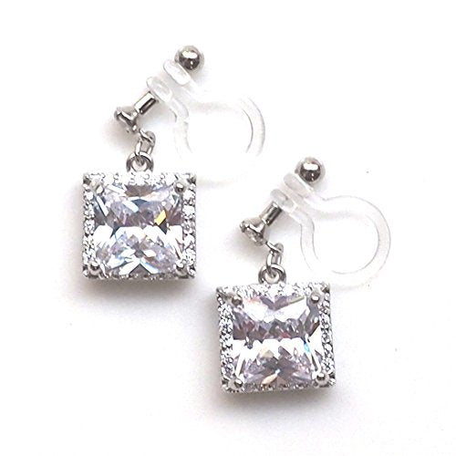 Drop Cubic Zirconia Invisible Clip On Earrings for Women Not Pierced Gold Teardrop Sqaure CZ Crystal Dangle Gold Silver Comfortable Clip On Earrings Bridal Wedding Prom - color: Square 1 Silver