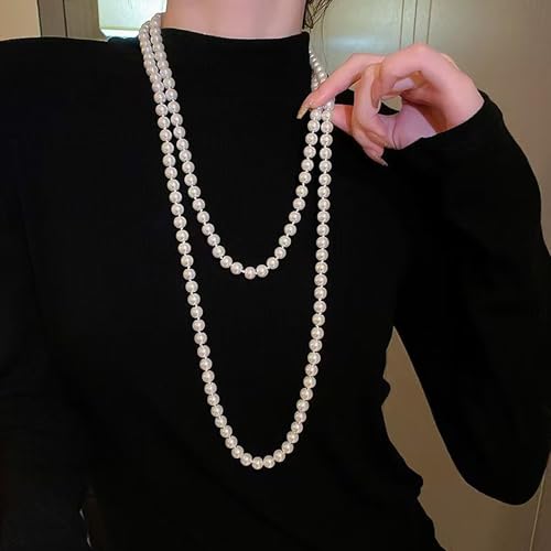 Long Pearl Necklace for Women 59" Faux White Pearls Necklaces Black Bow Pearl Beads Necklace 1920s Statement Bride Wedding Jewelry Gifts - color: White Pearl Necklace