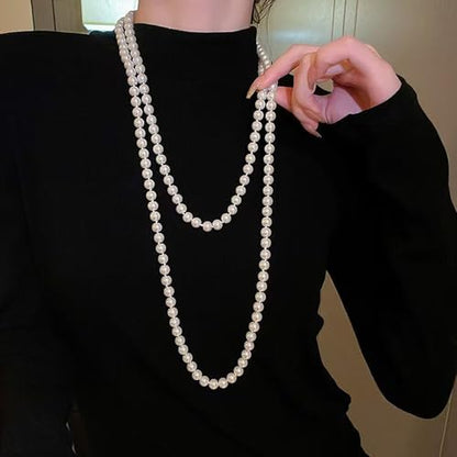 Long Pearl Necklace for Women 59" Faux White Pearls Necklaces Black Bow Pearl Beads Necklace 1920s Statement Bride Wedding Jewelry Gifts - color: White Pearl Necklace