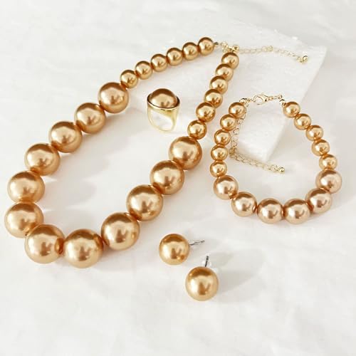 xuzhiyuan Statement Pearl Jewelry Set for Women - Includes Necklace, Bracelet, Earrings, and Ring | Colorful Faux Pearl Fashion Jewelry Set for Party, Wedding, Daily Wear - color: Champagne
