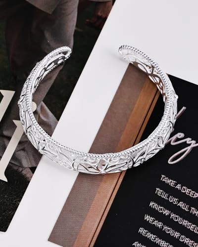 Intricate Floral Pattern Cuff Bracelet for Women - Sterling Silver Bangle, Bohemian Chunky Wide Bracelet Silver & Gold - color: Silver