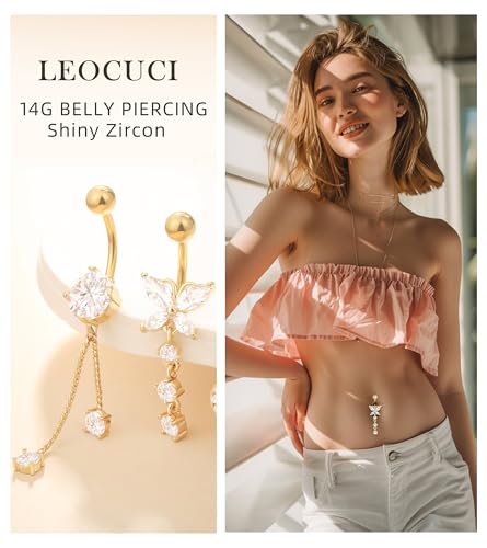 Leocuci Surgical Stainless Steel Dangle Belly Button Rings for Women Belly Ring Dangling Piercing Jewelry with Heart Flower Butterfly14G - color: gold