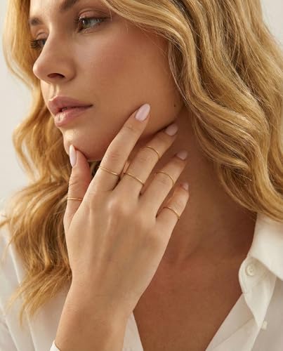 ALEXTINA 1mm Stainless Steel Stacking Rings for Women Thin 14K Gold Plated Band Rings Non Tarnish Stackable Knuckle Rings Thumb Pinky Midi Rings Comfort-Fit Size 4/5/6/7/8/9 - style: Domed