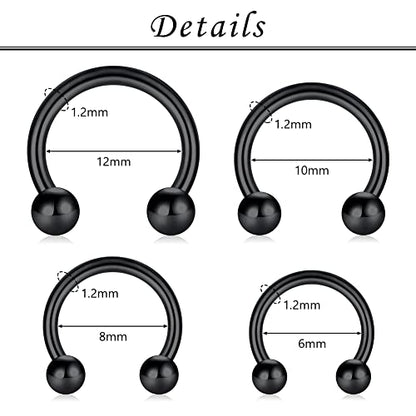16G Septum Nose Rings Stainless Steel Hinged Seamless Nose Hoop Ring Horseshoe Piercing Jewelry Captive Bead Ring Helix Daith Tragus Cartilage Earrings for Women Men - style: style1-black