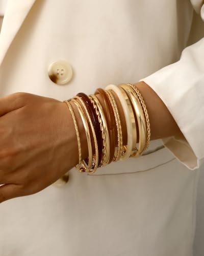 ÌF ME Gold Bangle Bracelets for Women, Indian Bangles Stackable Set, Multi Layer Textured 18K Gold Plated Chunky Bracelets Boho Jewelrys Set - style: G-13PCS Amber Resin Gold