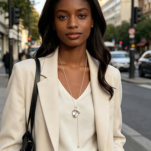 2Pcs Gold Silver Tone Long Pendant Necklace Oval for Women Adjustable, Minimalist Chunky Snake Chain Necklace, Dainty Statement Long