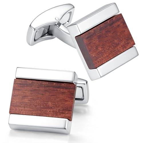 Cuff Links Mens Cufflinks Wood Inlay - Rectangular Brass Cuff Links with Gunmetal Finish, 3-Layer Electroplating, Unique Wood Grain Shirt Accessories for Business Wedding Tuxedo, Durable & Anti-Fade Jewelry Gift - color: Silver/Wood