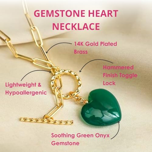 Gempires Gemstone Heart Pendant Necklace for Women, Gold Toggle Birthstone | Handmade gemstone heart pendant necklace — choose from 11 stones and birthstones, gold toggle paperclip chain. - color: Green Onyx