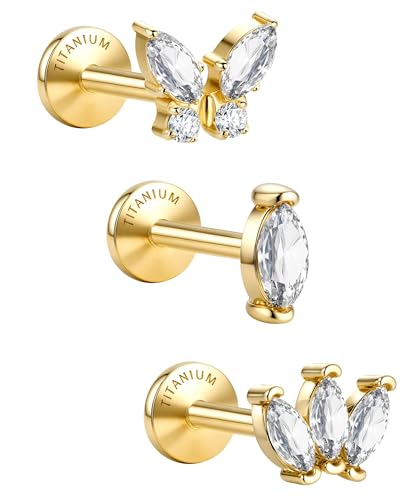 3 Pcs G23 Implant Grade Titanium Flat Back Earrings for Women Men | Hypoallergenic Internally Threaded 5A CZ Gold Flatback Stud, Tragus, Cartilage, Conch Piercing Jewelry for Sensitive Ears 18G - color: Gold 2