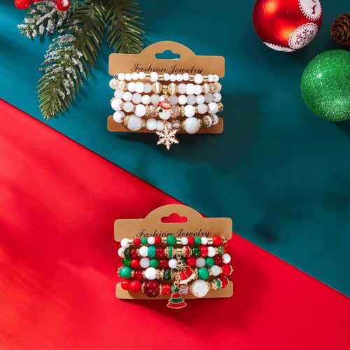 WETMT 5 PCS Christmas Bracelets for Women Acrylic Green White Bead Elastic Christmas Tree Snowflakes Stretch Bracelets Stack Holiday Party Jewelry Gifts Stocking Stuffers - color: white