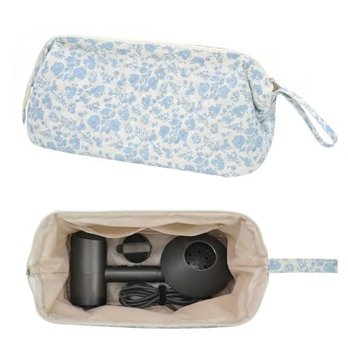 TeeYee Nylon Hair Tools Travel Bag for Dyson Airwrap Quilted Toiletry Bag | Travel Storage Bag for Shark Flexstyle/Curling Iron,Water-repellent,Wide-open,Well-structured,Heat-safe lining,001blueflower - color: Blueflower