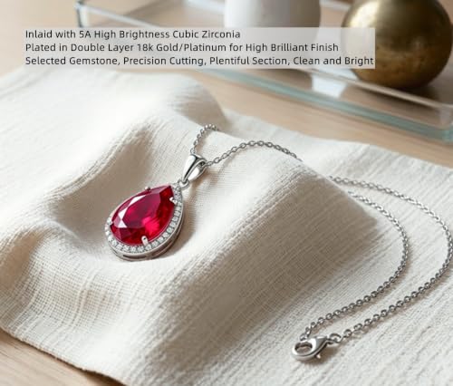 VONSSY Classic Oval Pendant Gemstone Necklace | Crystal Ruby Sapphire Waterdrop Birthstone Teardrop Emerald Necklace | 18K Platinum Gold Plated Chain | Jewelry Gift for Mother Wife Girlfriend - color: NL-Red-Platinunm
