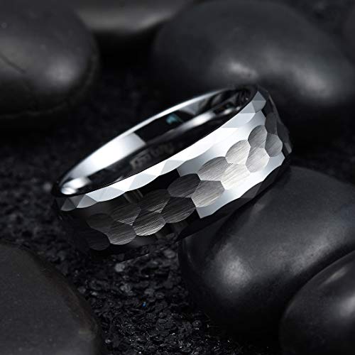 King Will Hammered 8mm Silver Tungsten Ring Hammer Men Wedding Band Comfort Fit - color: Multi-Faceted