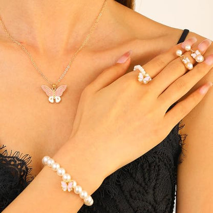 GIGB PBDK 4pcs Pearl Necklace Jewelry Set for Women Fashion Adjustable Bead Butterfly Pendant Choker Minimalist Pearl Earrings Bracelet Y2K Jewelry Gifts