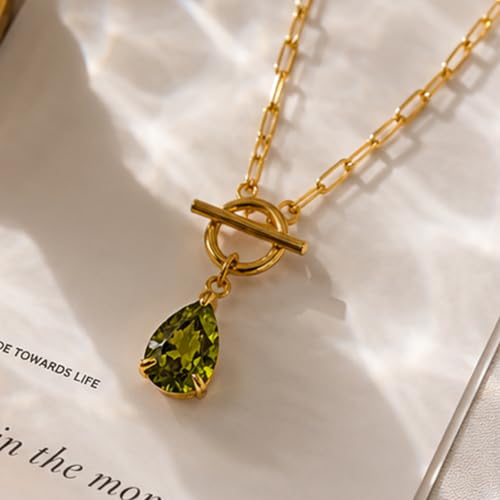 Teardrop CZ Pendant Paperclip Chain Necklace 18K Plated Paperclip Toggle Necklace Jewelry Birthstone Gift for Women - color: Peridot-August