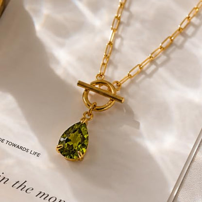 Teardrop CZ Pendant Paperclip Chain Necklace 18K Plated Paperclip Toggle Necklace Jewelry Birthstone Gift for Women - color: Peridot-August