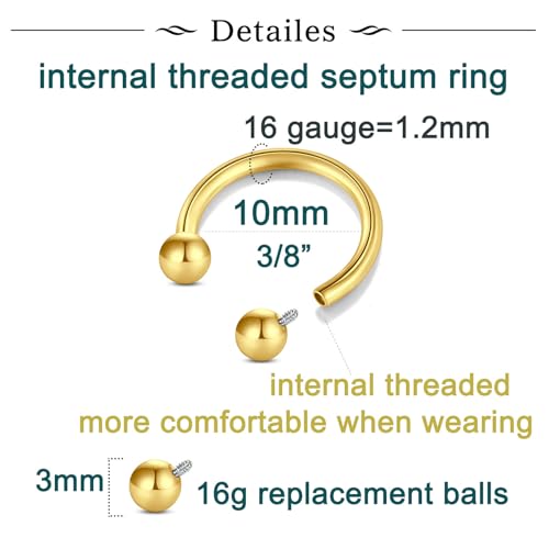 Longita Internally Threaded Septum Ring Silver Black Gold Septum Rings 16G Septum Piercing Surgical Steel Septum Jewelry Septum Nose Rings 16 Gauge Small Septum Ring Horseshoe with Replacement Balls - color: B2-gold-10mm