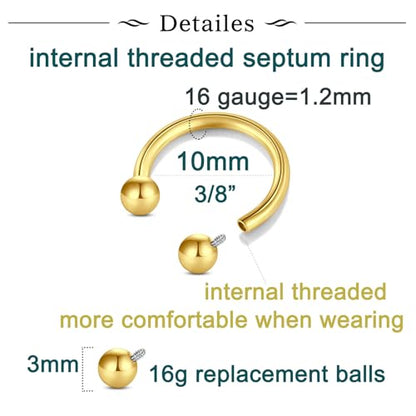 Longita Internally Threaded Septum Ring Silver Black Gold Septum Rings 16G Septum Piercing Surgical Steel Septum Jewelry Septum Nose Rings 16 Gauge Small Septum Ring Horseshoe with Replacement Balls - color: B2-gold-10mm