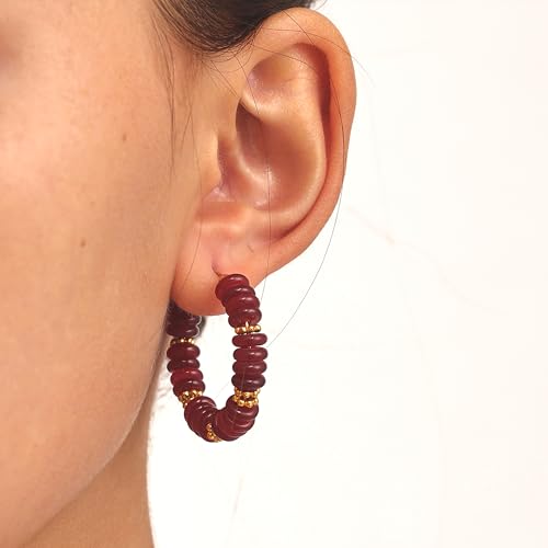 Wellike Beaded Hoop Earrings for Women Natural Stone Pink Gold Huggie Earrings Hypoallergenic Dainty Waterproof Trendy Jewelry - color: Burgundy, size: 35mm