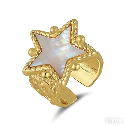 HZMAN 14K Gold Plated Open Ring for Women Brass Crystal Non Adjustable Statement Ring Collection - color: Star Mother of Pearl